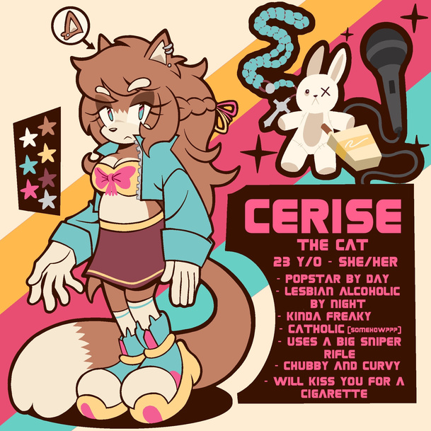 Cerise Reference 2 General ref. Same as the last, just with some included belongings. Done by @gippley-png.